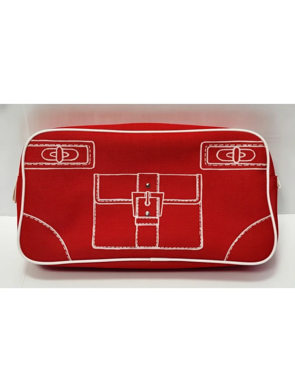Clinique Red Canvas Cosmetic Bag with White Image Stitching and Zipper Closure